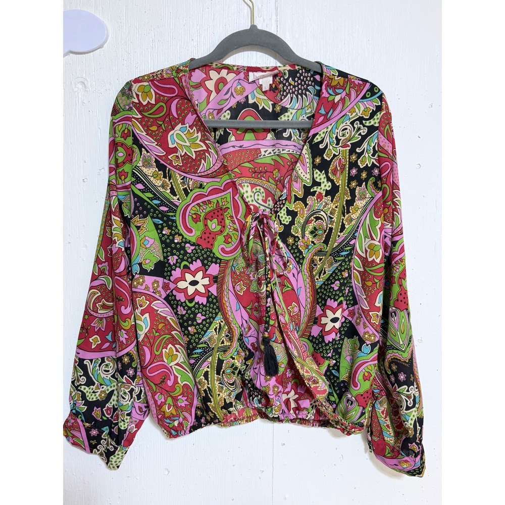 Boemo Paisley Blouse Boho Cottagecore Flowy Tassel Top Large Resortwear